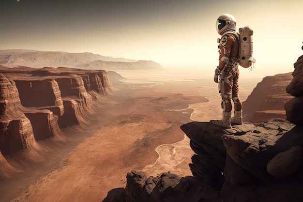 Astronaut standing in the sunset on planet Mars generative ai