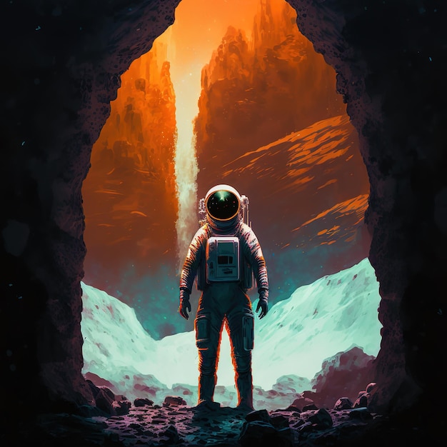 An astronaut stands in a cave with a view of space