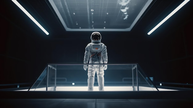 An astronaut stands in a dark room with a glass wall that says space.