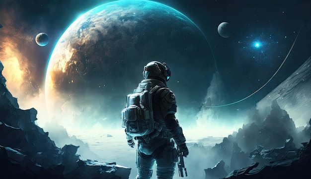 An astronaut stands in front of a planet with planets in the background