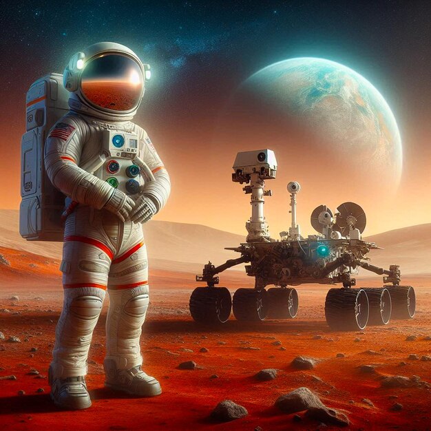 a astronaut stands in front of a planet with a star in the background