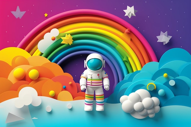 An astronaut stands in front of a rainbow and rainbow.