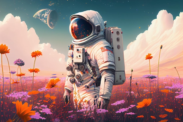 Astronaut stands in the middle of a flowering field on an unknown planet Generative AI