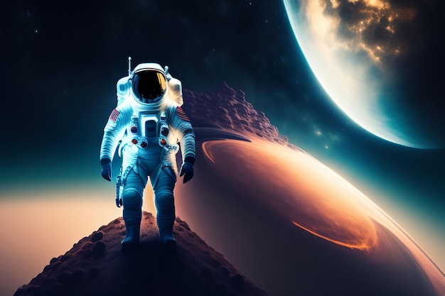 An astronaut stands on a planet with a planet in the background.