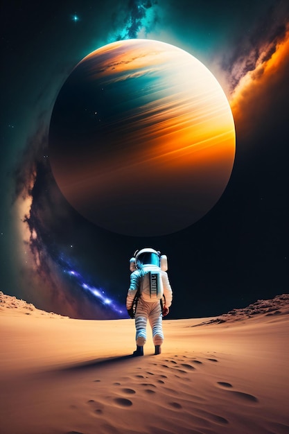 An astronaut stands on a planet with a planet in the background