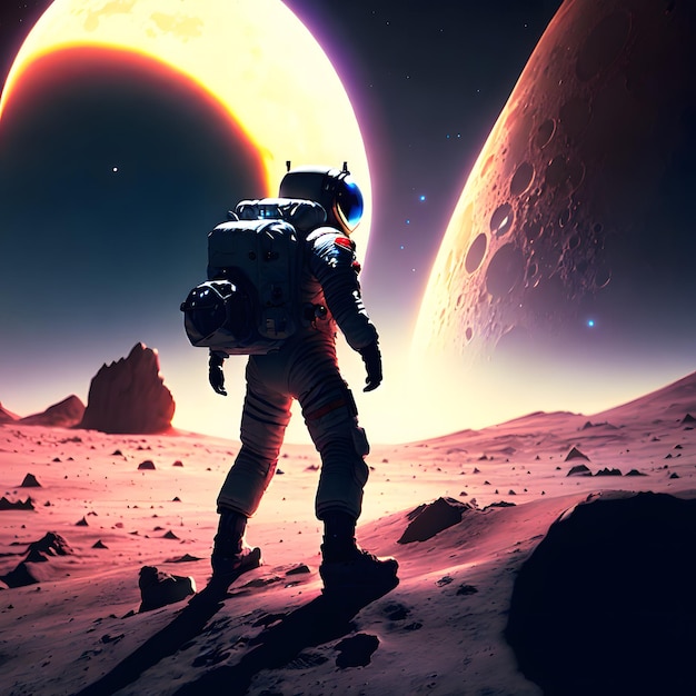 An astronaut stands on a planet with a planet in the background.