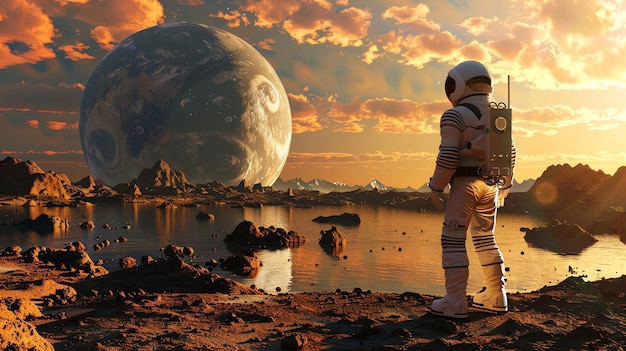 An astronaut stands on a rocky surface of another planet and looks at Earth in the sky