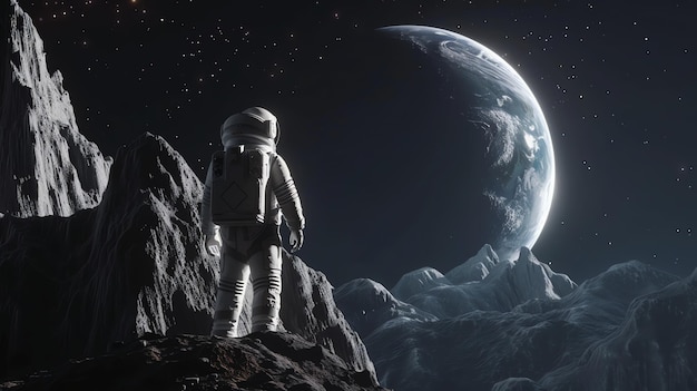 An astronaut stands on a rocky surface of another planet and looks at Earth in the sky