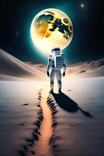 An astronaut stands on the surface of the moon