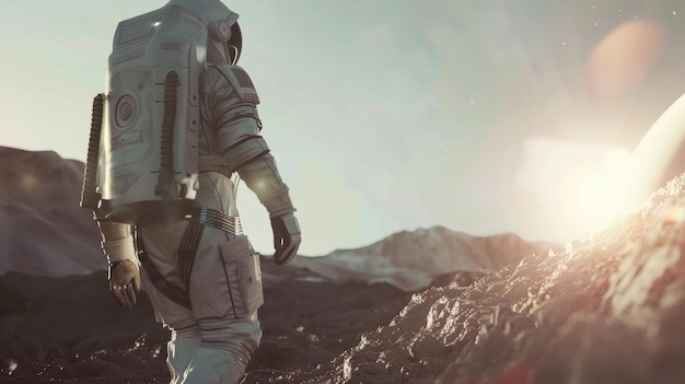 An astronaut strides amidst a rugged alien landscape at sunset