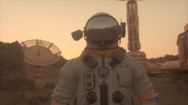 Astronaut on the surface of Mars. Mars colonization concept. 3d rendering