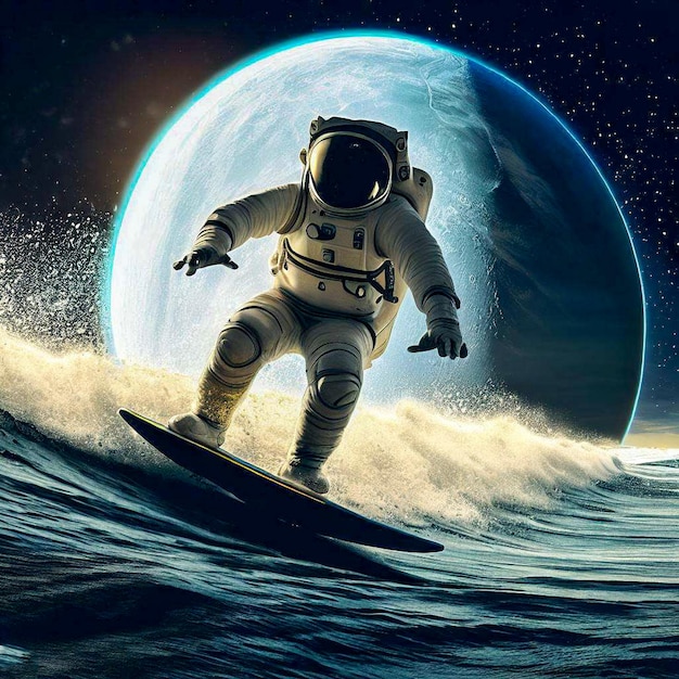 An astronaut surfing on the moon with Earth in the background