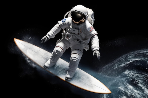 An astronaut surfing in the space The spaceman on a surfboard is surfing the stars Generative AI