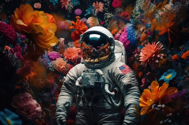 Astronaut surrounded by blooming flowers of various colors and shapes