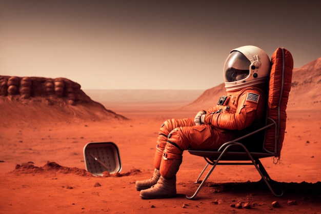 An astronaut surrounded by the desolate Martian landscape sits contemplatively in a chair gazing at the unknown horizon Generative AI