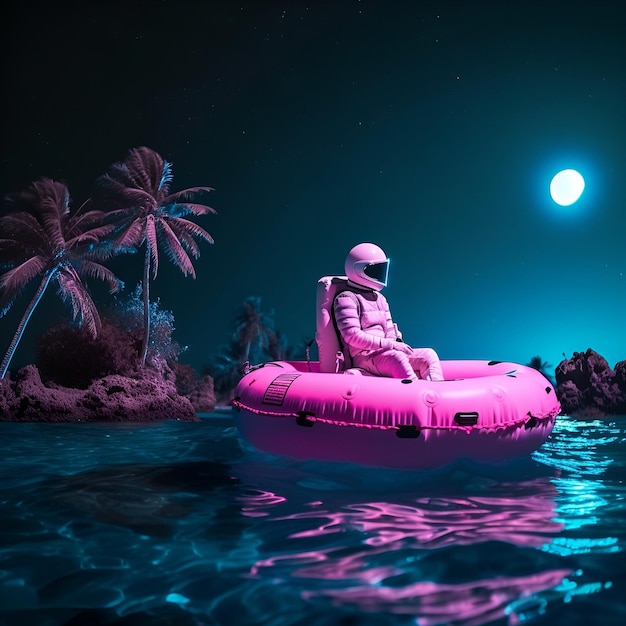 An astronaut swims at night in the ocean in an inflatable circle Cyberpunk science illustration AI generated content