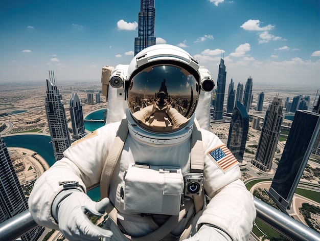 An Astronaut taking a selfie in front of Burj Khalifa