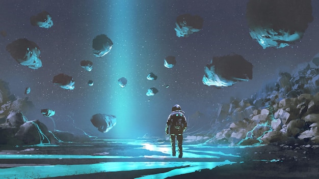 astronaut on turquoise planet with glowing blue minerals, digital art style, illustration painting