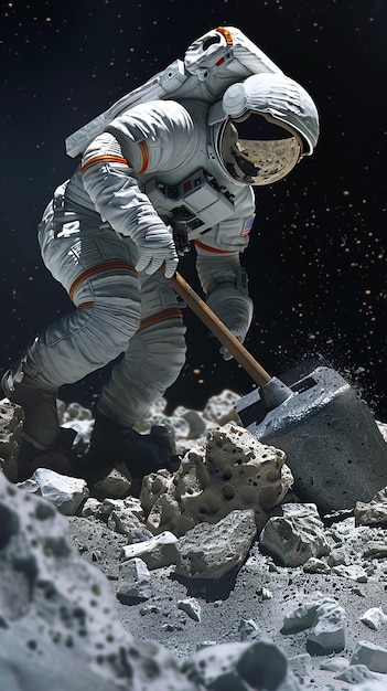 Astronaut Using Specialized Jackhammer in Space