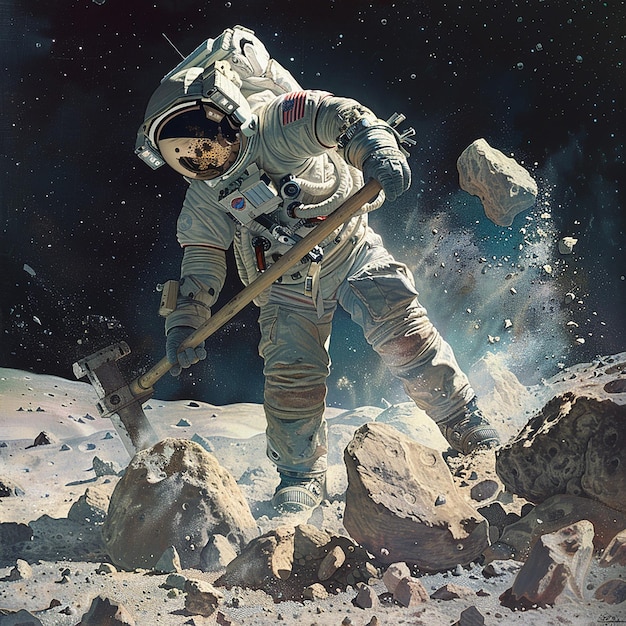 Astronaut Using Specialized Jackhammer in Space