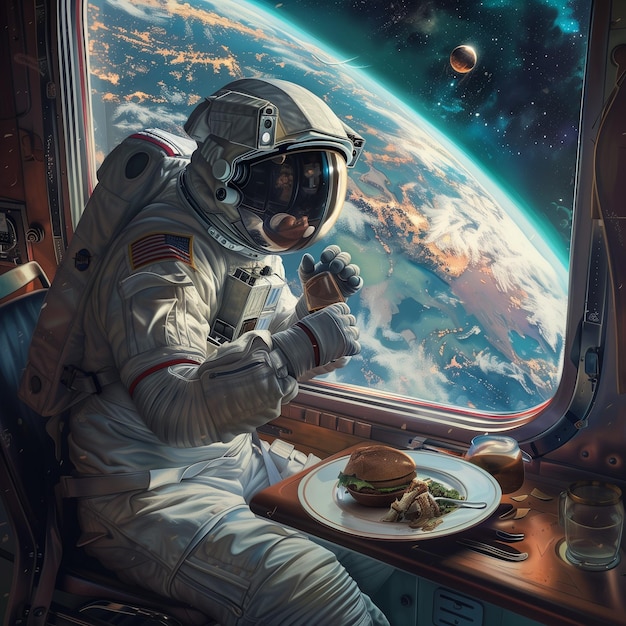 An astronaut wakes up gets dressed has breakfast and gazes at Earth through the window