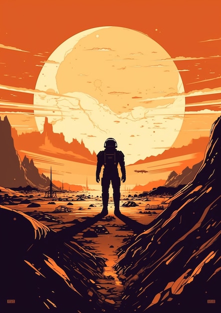 Astronaut walking on a desert landscape with a sunset in the background generative ai