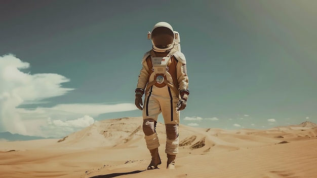 Astronaut walking on the desert planet