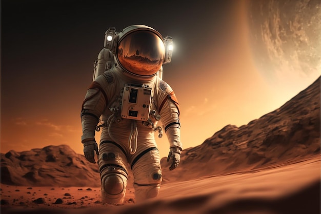 an astronaut walking on the desert with a sun in the background