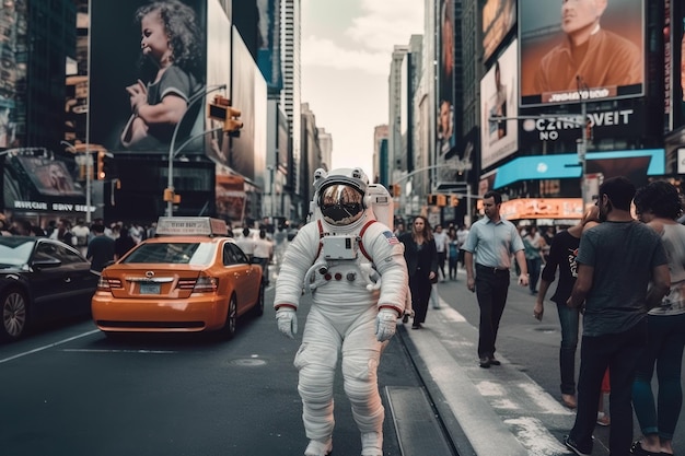 Astronaut walking down at the old streets Generative AI