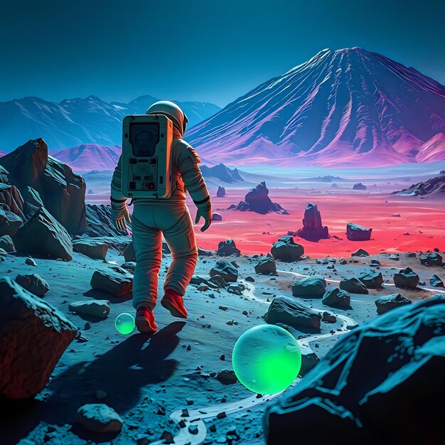 Photo astronaut walking on a foreign planet terrain