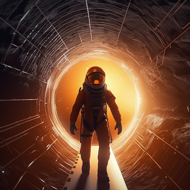 Astronaut walking into a tunnel with the word space on the bottom