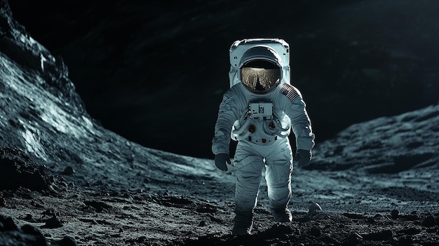 an astronaut walking on the moon in the dark