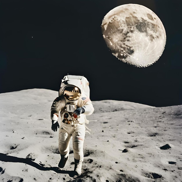 Photo an astronaut walking on the moon with a bag of a rocket