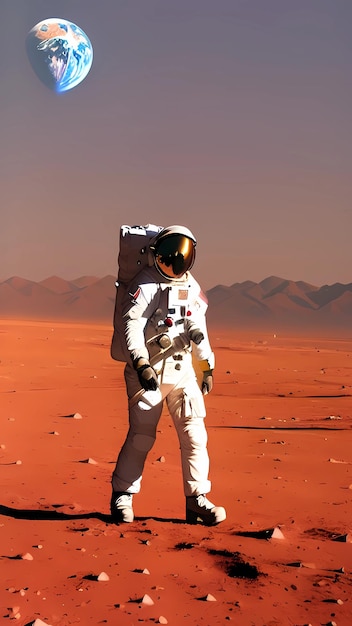 Astronaut walking on the moon with earth in the background