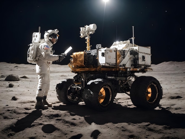 An astronaut walking on the moon with his robot