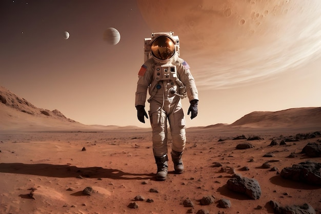 An astronaut walking on a planet with an amazing background