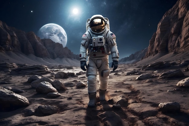 An astronaut walking on a planet with an isolated background