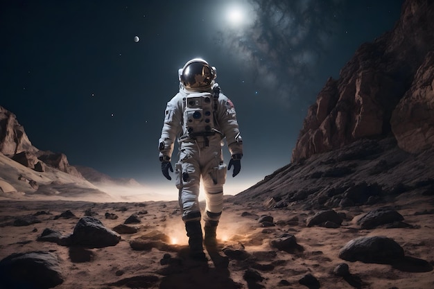 An astronaut walking on a planet with an isolated background