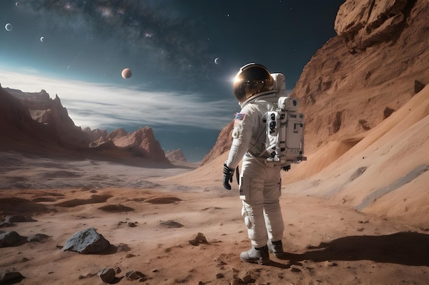 An astronaut walking on a planet