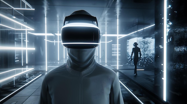 Astronaut walking through a futuristic scifi corridor Virtual reality neon lights Futuristic concept 3D rendering