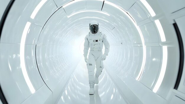 Photo astronaut walking through a futuristic white tunnel