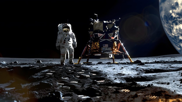 An astronaut walks away from a spaceship that has landed on the moon with space and earth background