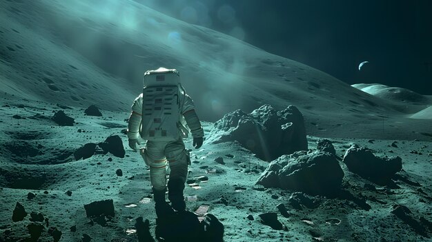 An astronaut walks away from a spaceship that has landed on the moon with space and earth background