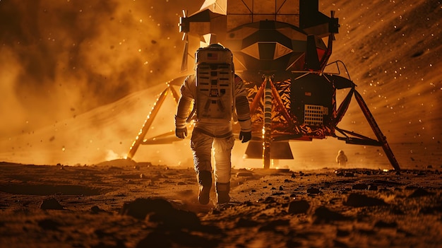 An astronaut walks away from a spaceship that has landed on the moon with space and earth background