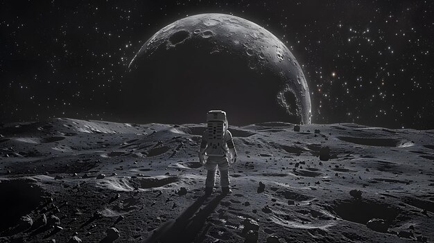 An astronaut walks away from a spaceship that has landed on the moon with space and earth background