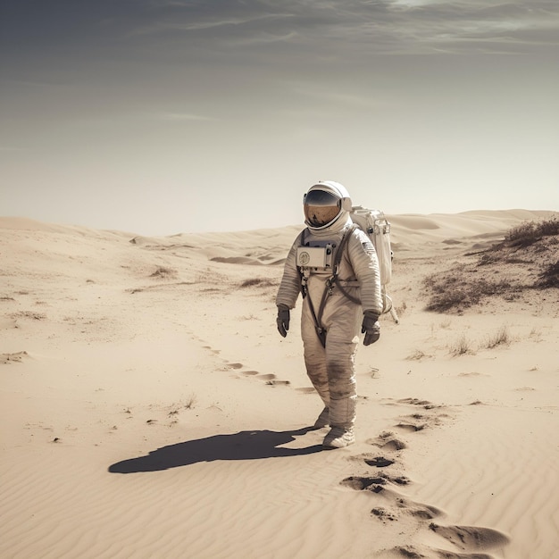 An astronaut walks on a deserted sandy surface AI generated content