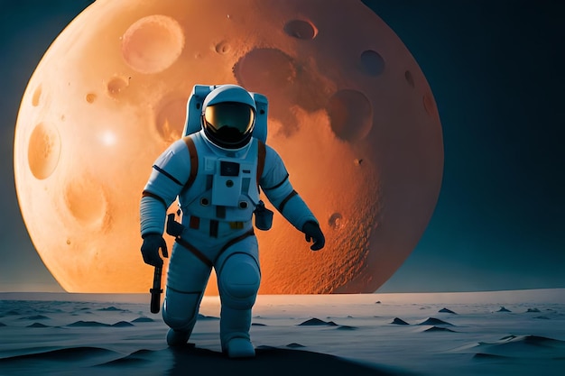 An astronaut walks on the moon with a red planet in the background.