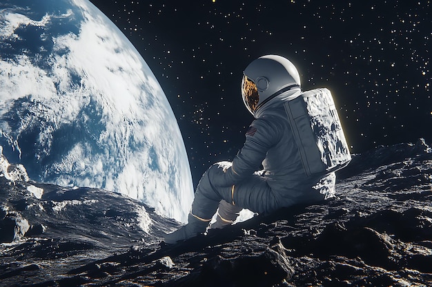 Photo astronaut walks on the surface of the moon overlooking the blue planet earth lunar mission and exploration space man on the moon