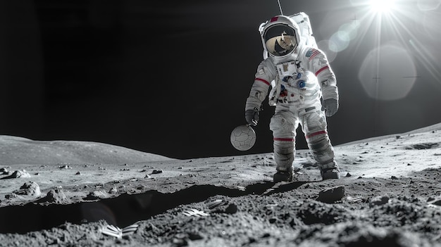 Photo an astronaut walks on an uncharted planet astronaut on the moon