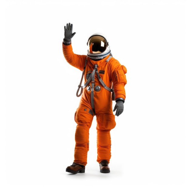 Astronaut wearing an orange spacesuit waving hand in hello and bye bye isolated on white background